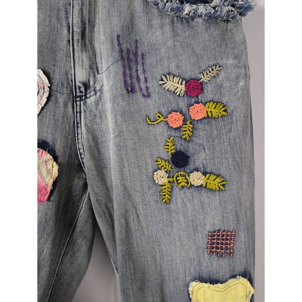 Blue Velvet Baggy Distressed Patchwork Boho Hippie Festival Jeans Large - Picture 6 of 16